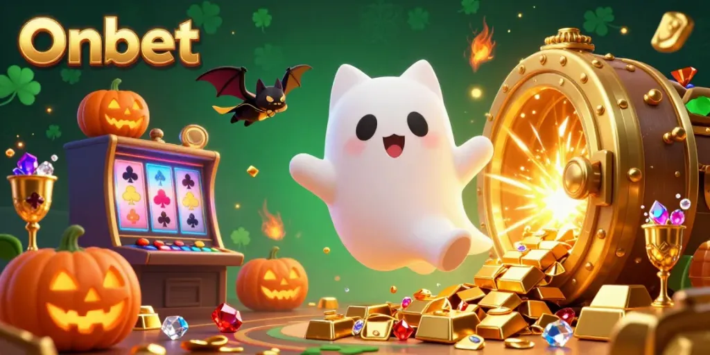Engage in thrilling gameplay at Onbet with a vibrant 3D casino scene featuring a friendly ghost cat and treasures.
