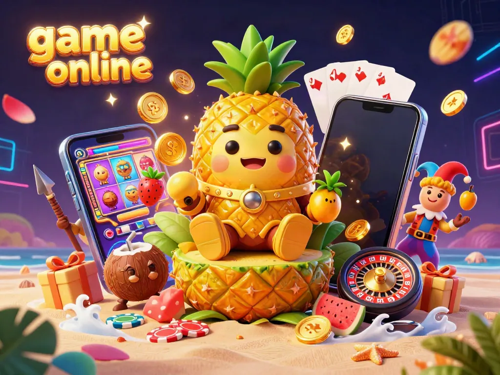 Experience a vibrant game online scene with a pineapple king, casino elements, and dynamic gaming action.