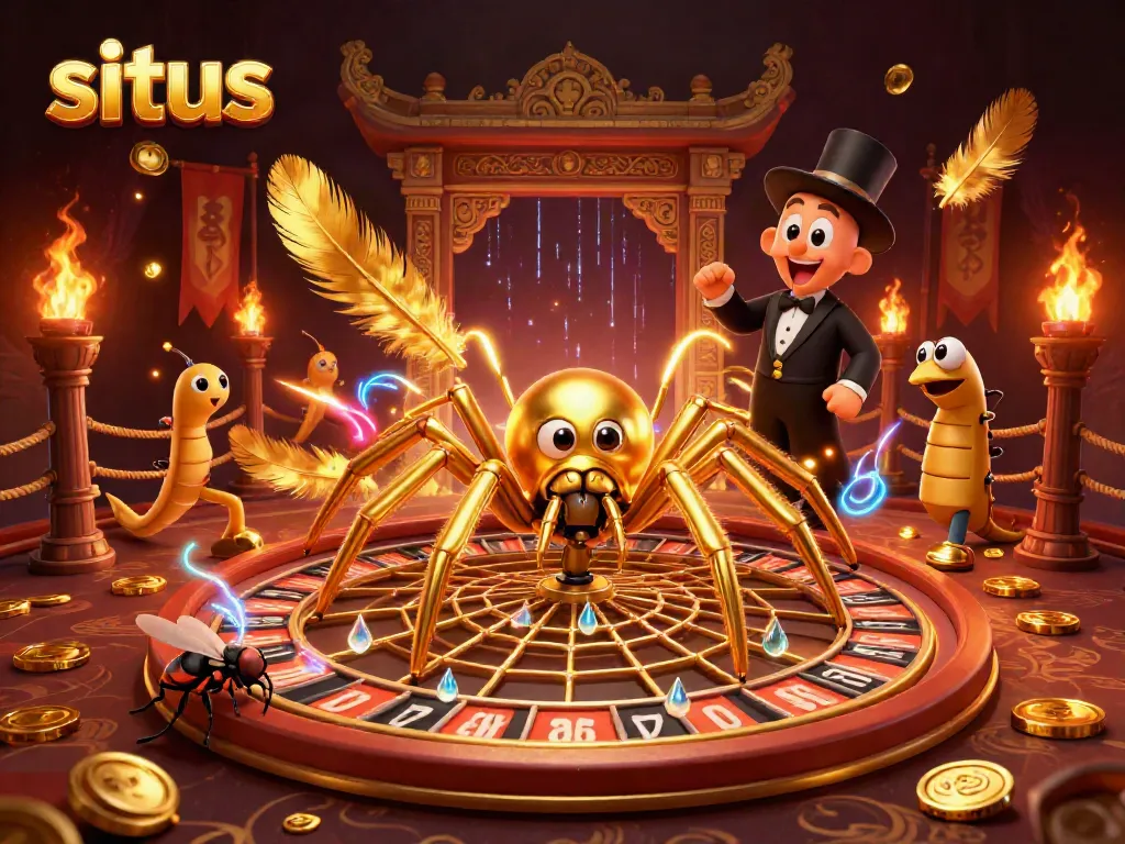 Experience thrilling gameplay with situs - a golden spider, roulette wheel, and energetic atmosphere.