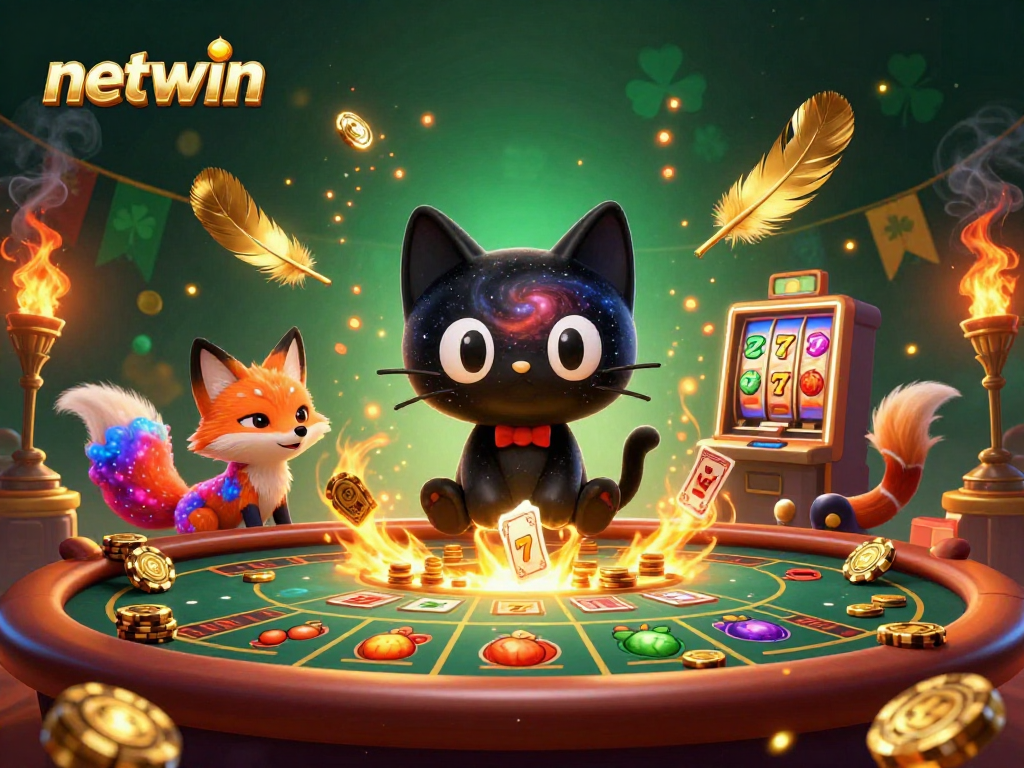 Engage the netwin cosmic casino with a black hole cat and colorful nebula fox amidst golden chips.