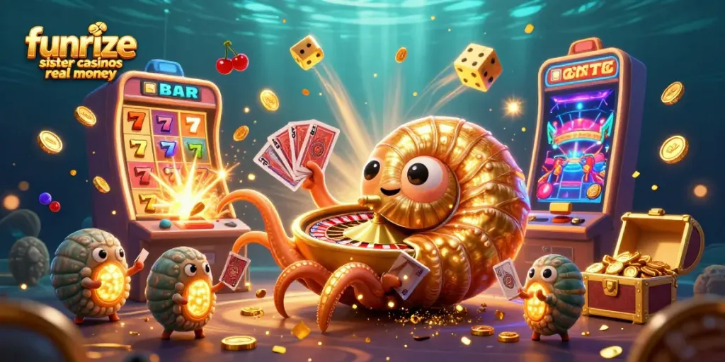 Experience funrize sister casinos real money as jackpot coins burst from a colorful slot machine in an underwater casino