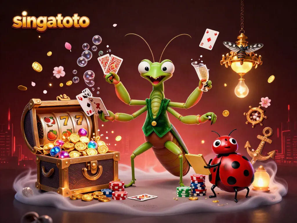 Experience thrilling action at Singatoto with a giant praying mantis dealer and vibrant slot symbols.