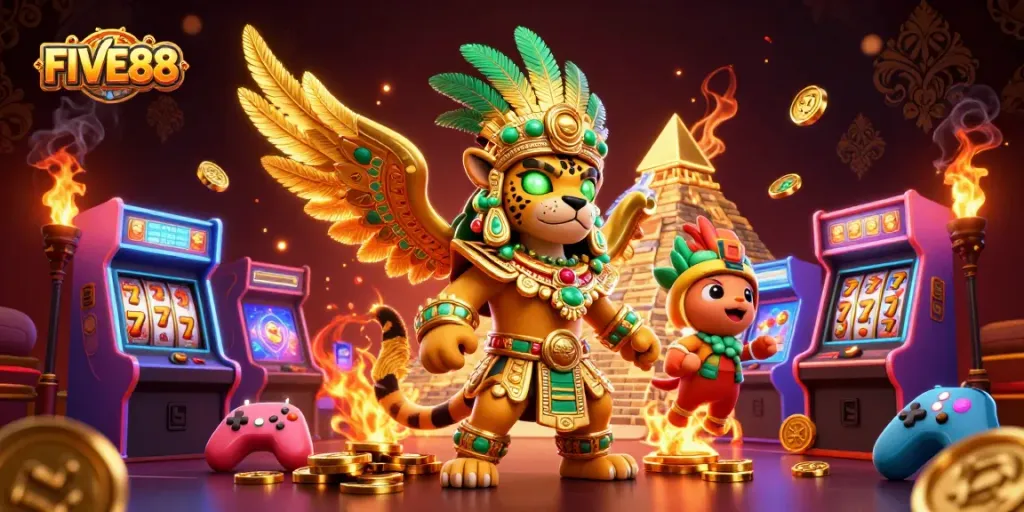 Experience thrilling jackpots with FIVE88 in a vibrant casino-themed illustration.