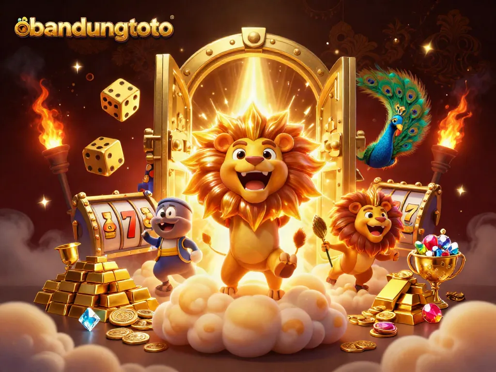 Engage with bandungtoto's lively gambling scene featuring a roaring lion, golden dice, and treasures.