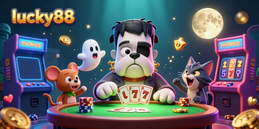 Experience thrilling gameplay at lucky88 with colorful gambling characters and slot elements!
