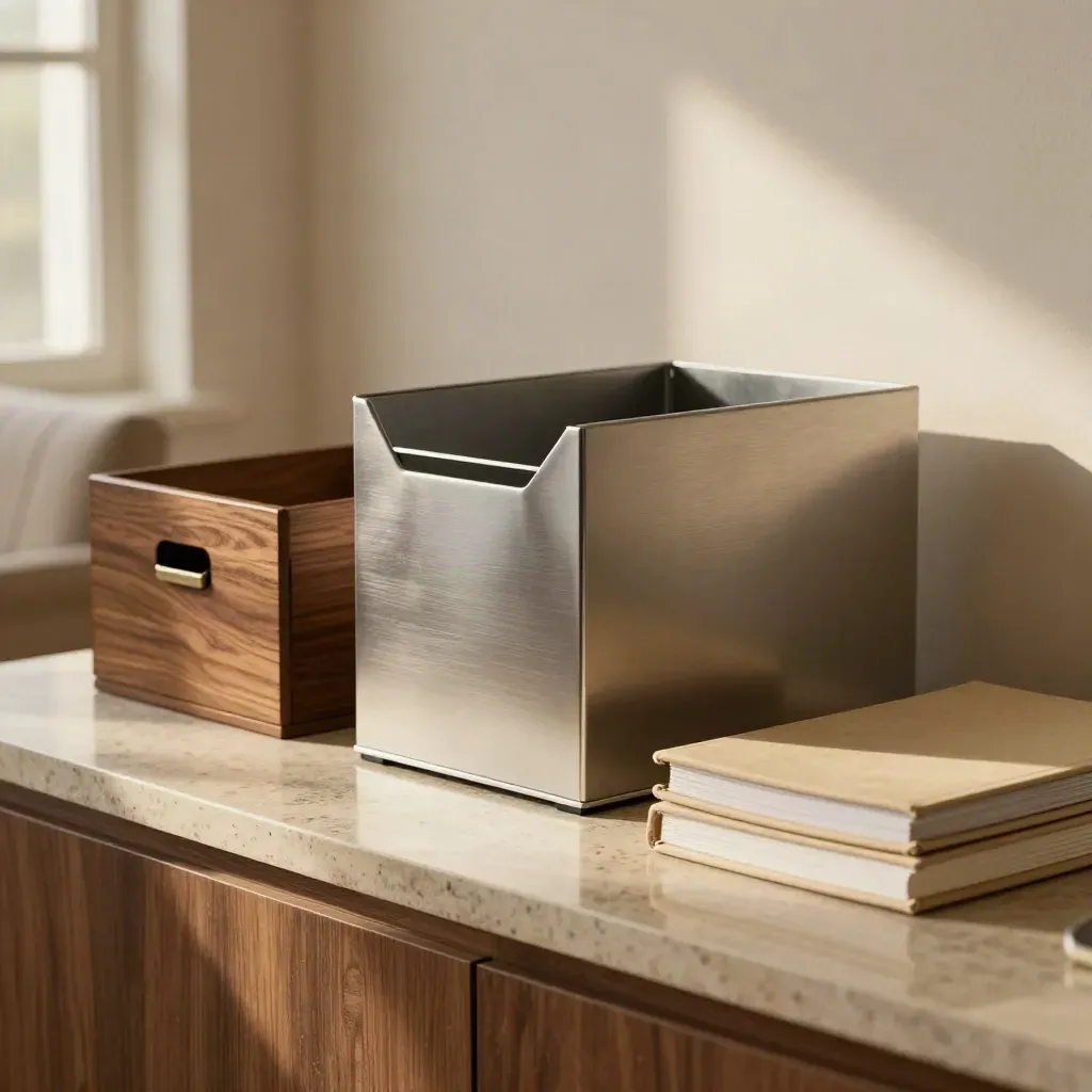 Walnut archive boxes, steel portfolio case, stone block, and folio on a sunlit credenza.