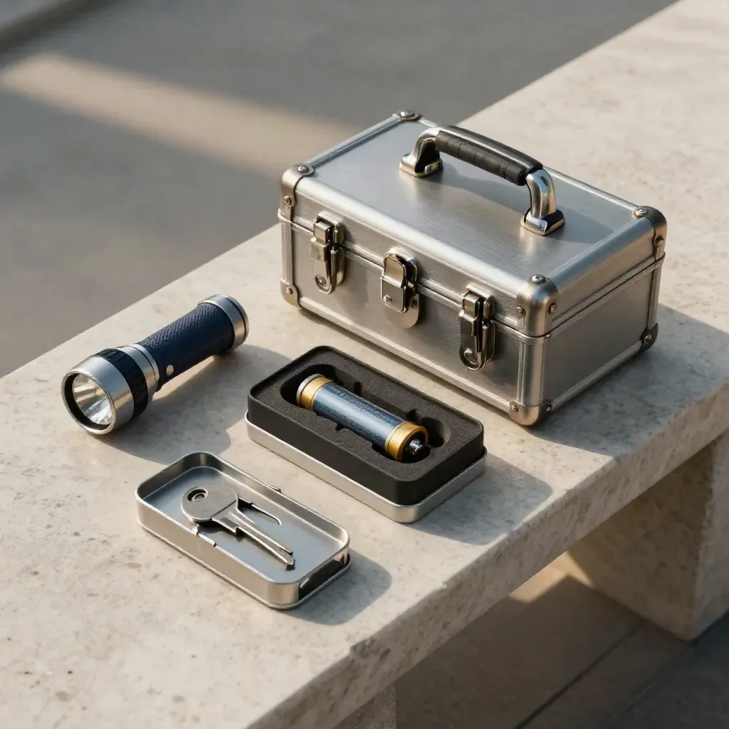 Overhead finance risk-review kit on a pale bench: flashlight, fireproof case, battery, document box, key tray.
