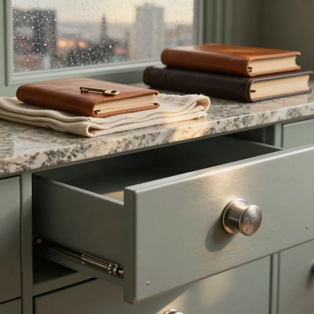 Vault-inspired planning room with steel drawers, leather cases and brass key in raking morning light.