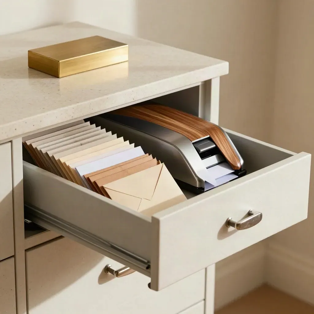 Half-open secure file drawer with envelopes sliding into compartments on a stone cabinet.