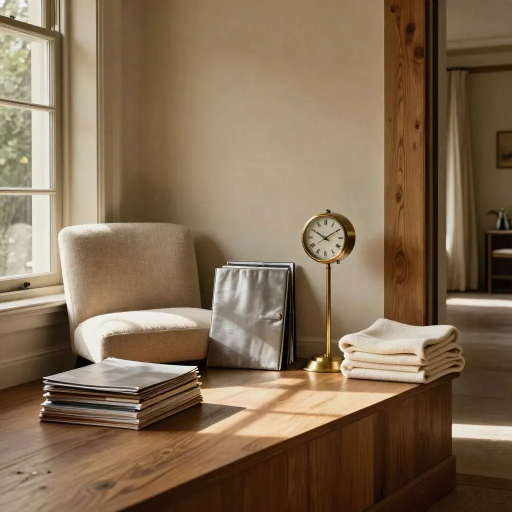 Sunlit window nook with lounge chair, portfolio folders, brass clock and folded throw.