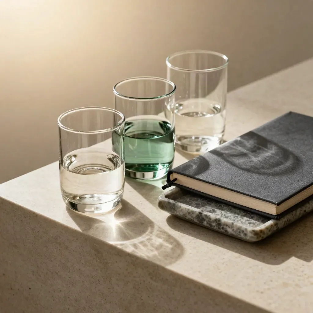 Glass cash-flow vessels, closed ledger, and stone tray in a cinematic finance still life.