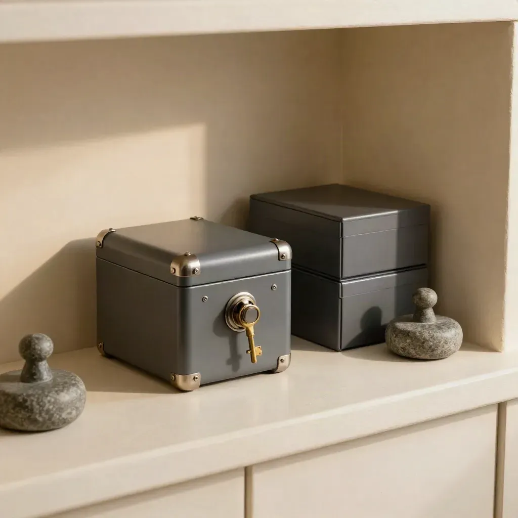 Fireproof lockbox, brass key, sealed cases and stone weight on a pale shelf in warm window light.