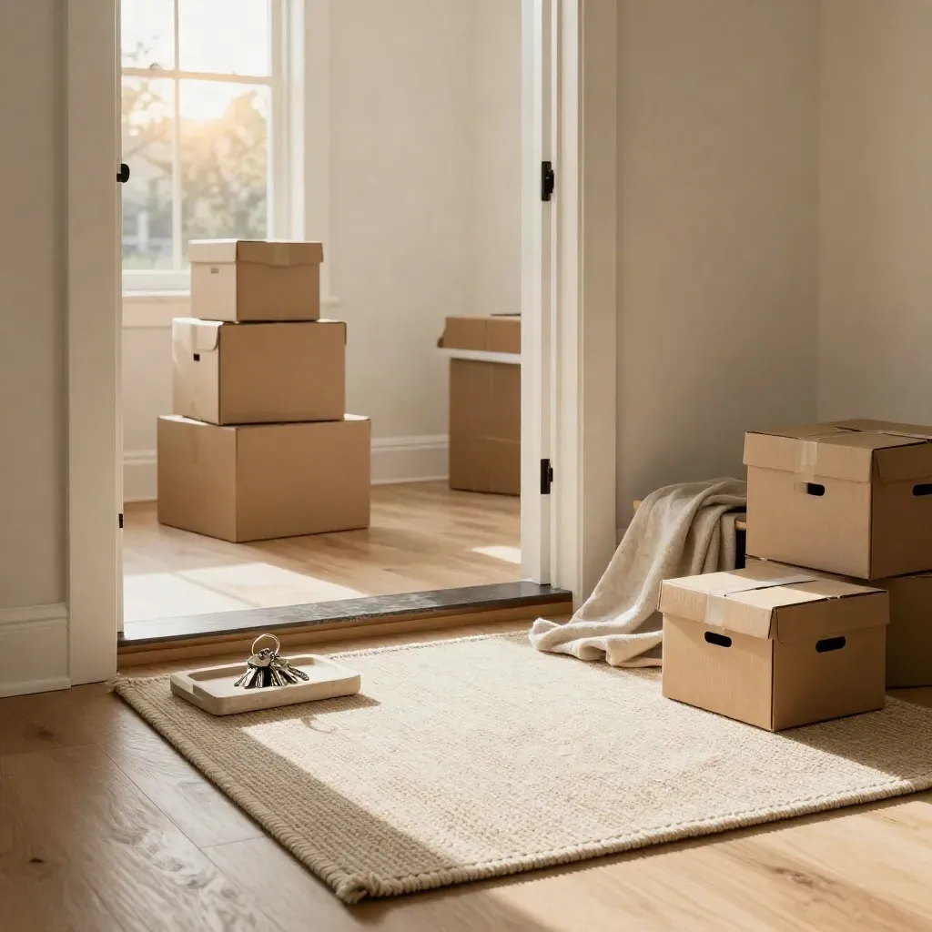 New home entry with move-in boxes, keys in a stone tray, and a woven rug in warm morning light.