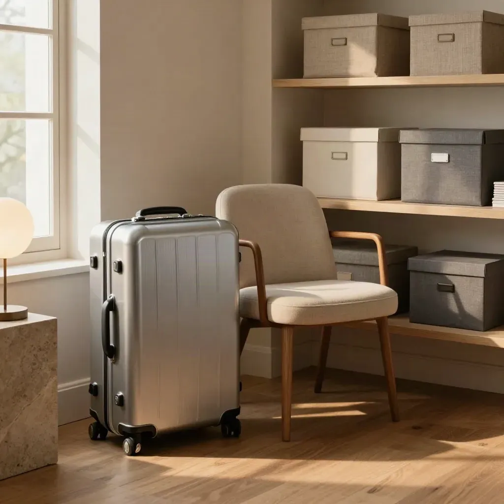 Quiet retirement condo corner with a silver travel case, reading chair, and archive boxes in warm afternoon light