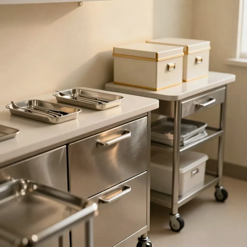 Pristine dental back office with trays, archive boxes and a supply cart in a clean diagonal view.