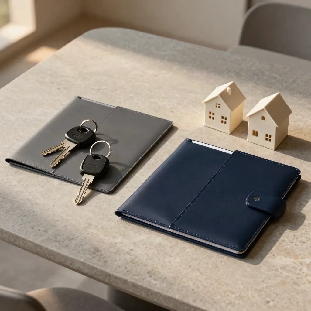 Two mapped rental-property key sets with house models and protection folders on stone.