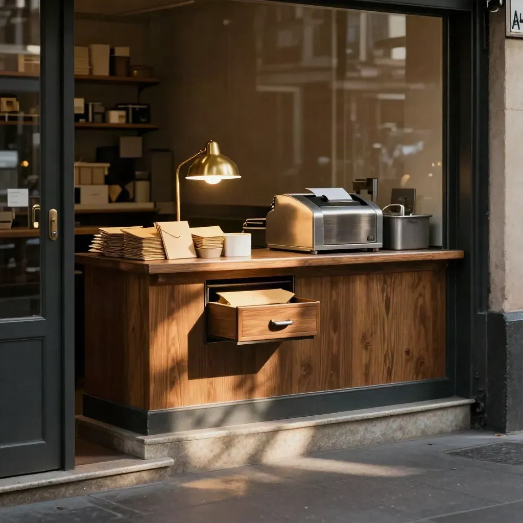 After-hours shop counter with shut cash drawer, reserve envelopes, and a warm lamp glow