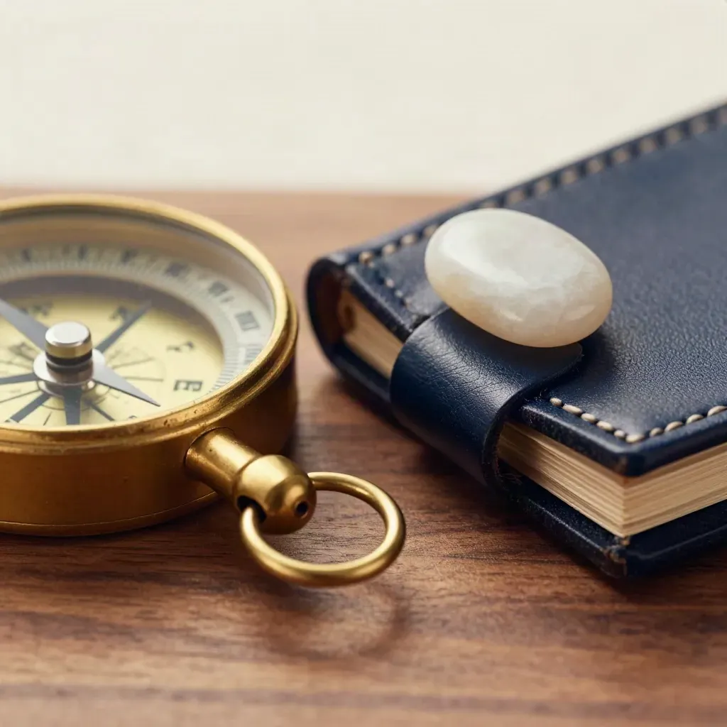 Brass compass, navy leather folio clasp and stone weight on walnut in macro close-up.