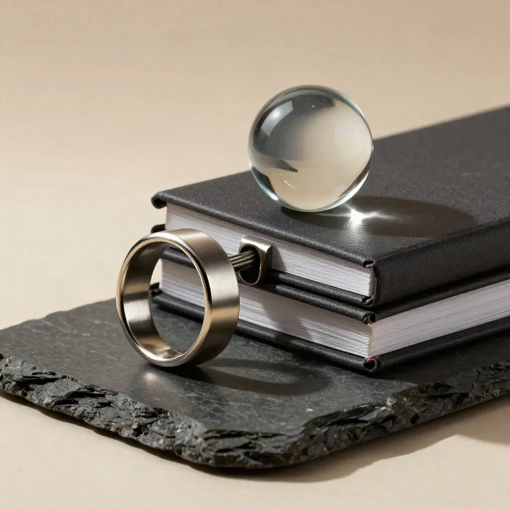Metal allocation ring, ledger block, and glass paperweight on dark stone.