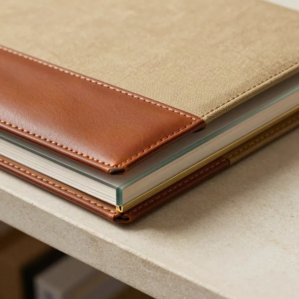 Macro of linen folder, leather sleeve, and frosted glass case in a finance setting.