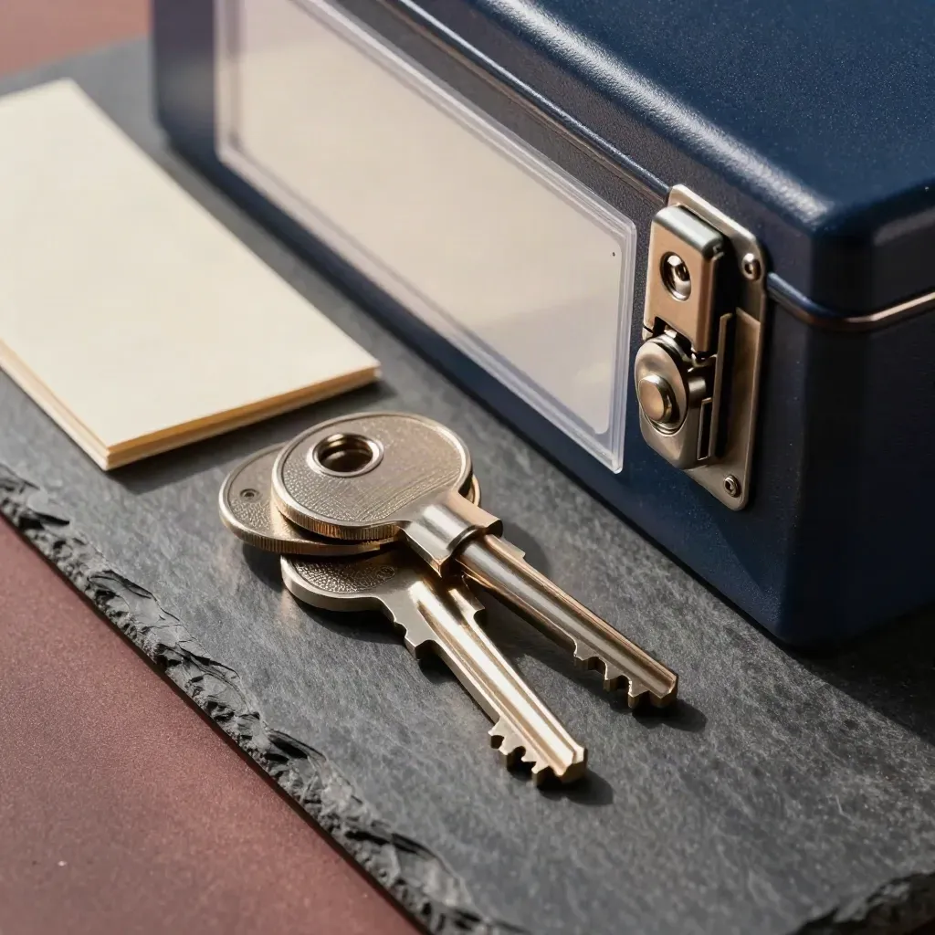 Vault keys, tamper seals, archive sleeves and a fireproof latch on slate