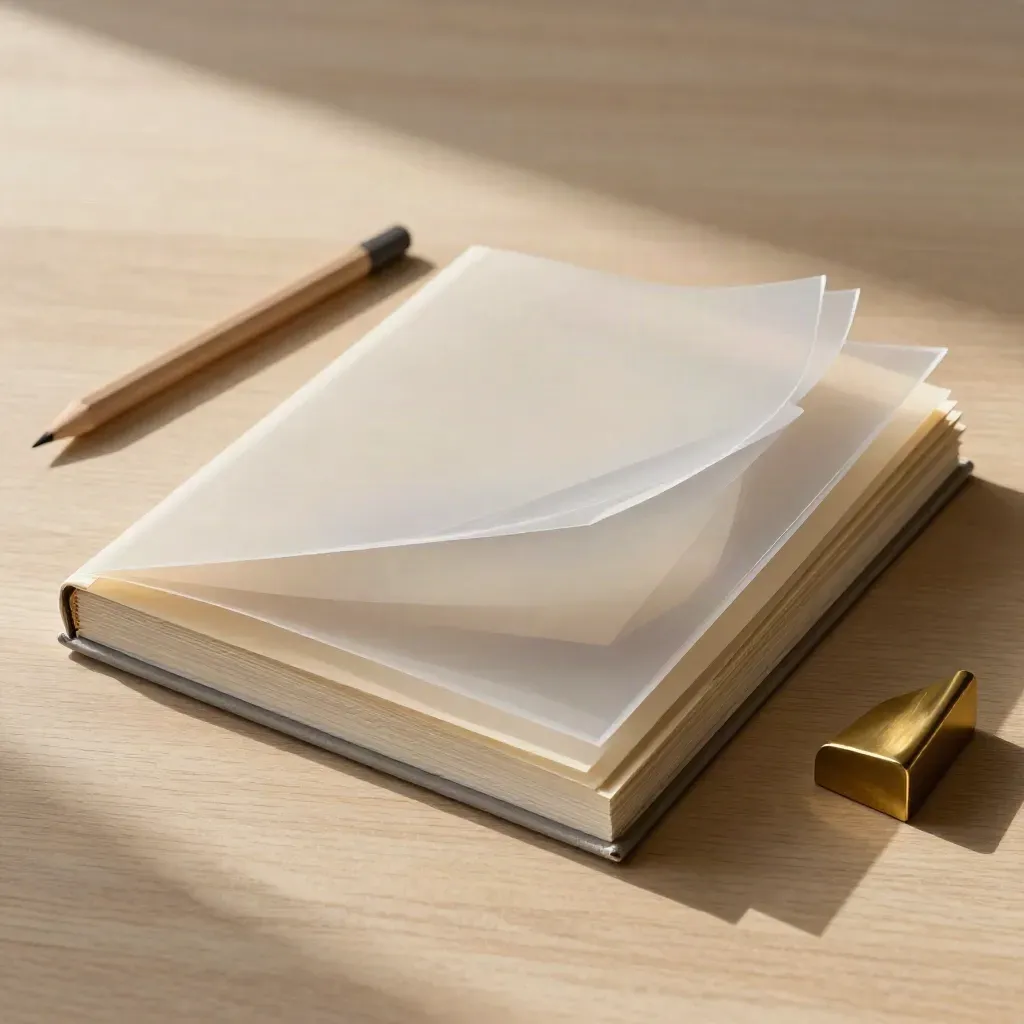 Top-down finance planning still life with folio, acetate overlays, divider stack, and brass accents.