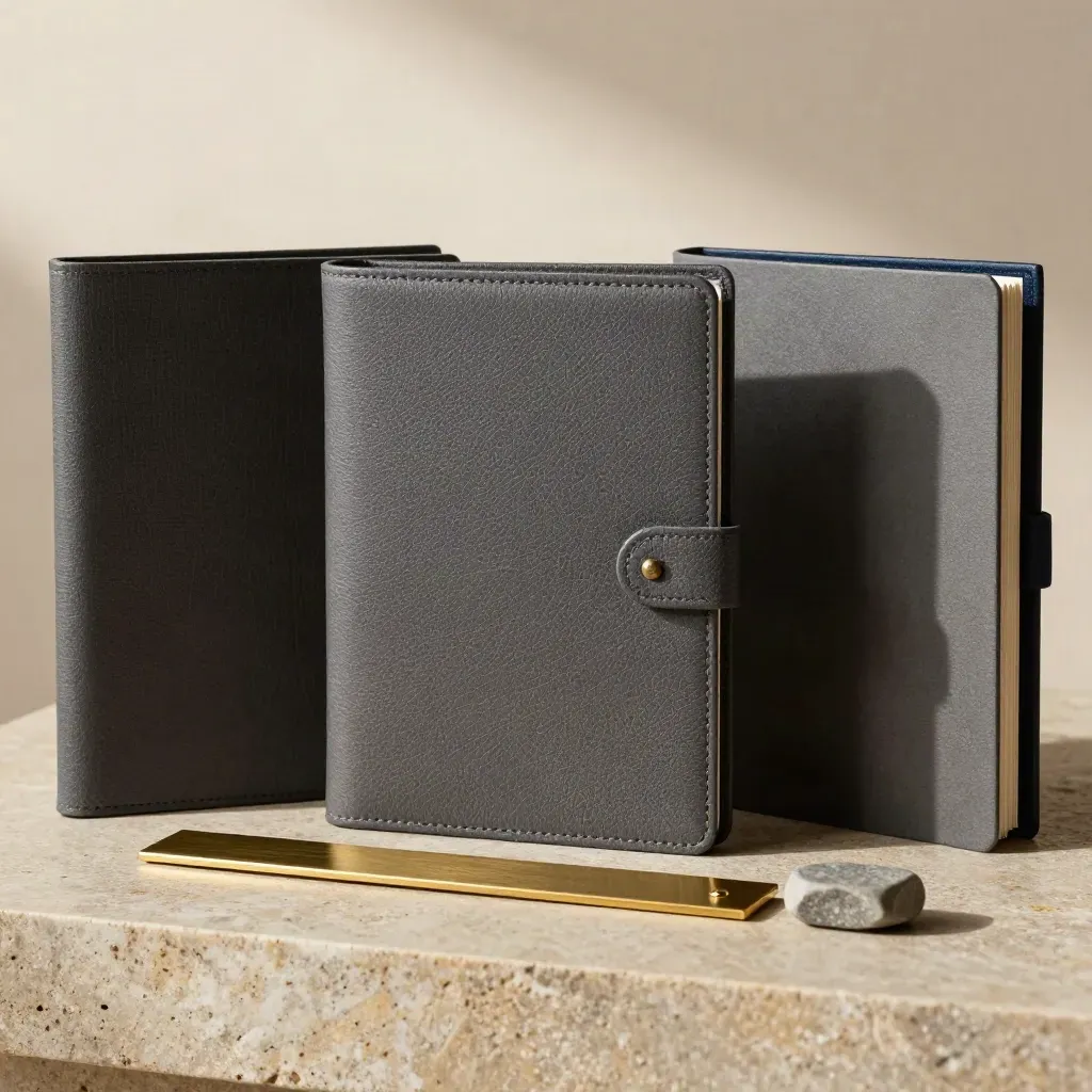 Three portfolio folders, brass wedge and stone marker on limestone, lit softly for review
