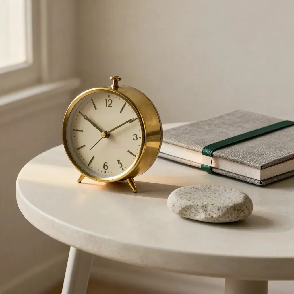 Brass clock, closed planner, and stone marker on a plaster side table with soft evening light.