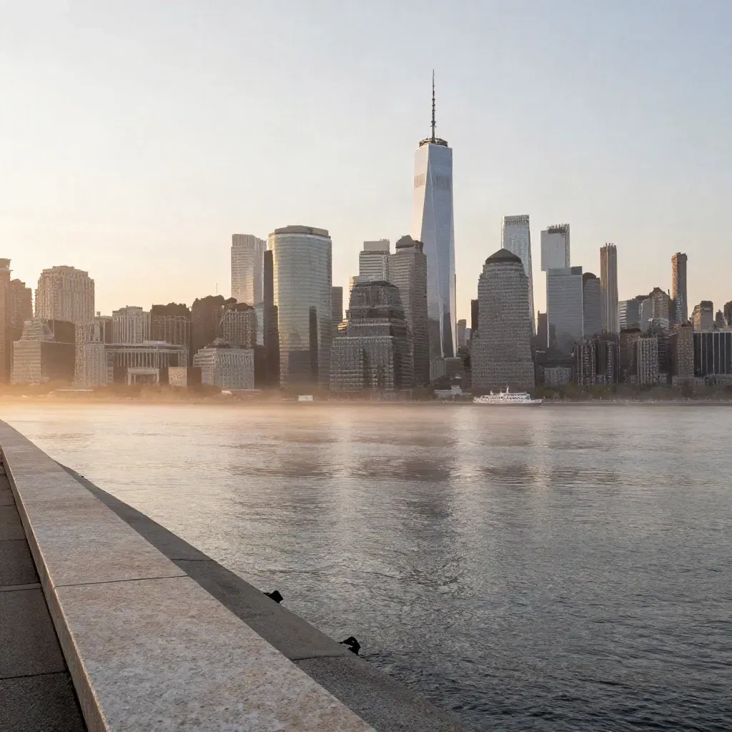 Manhattan skyline at sunrise above the Jersey City waterfront and calm Hudson haze.