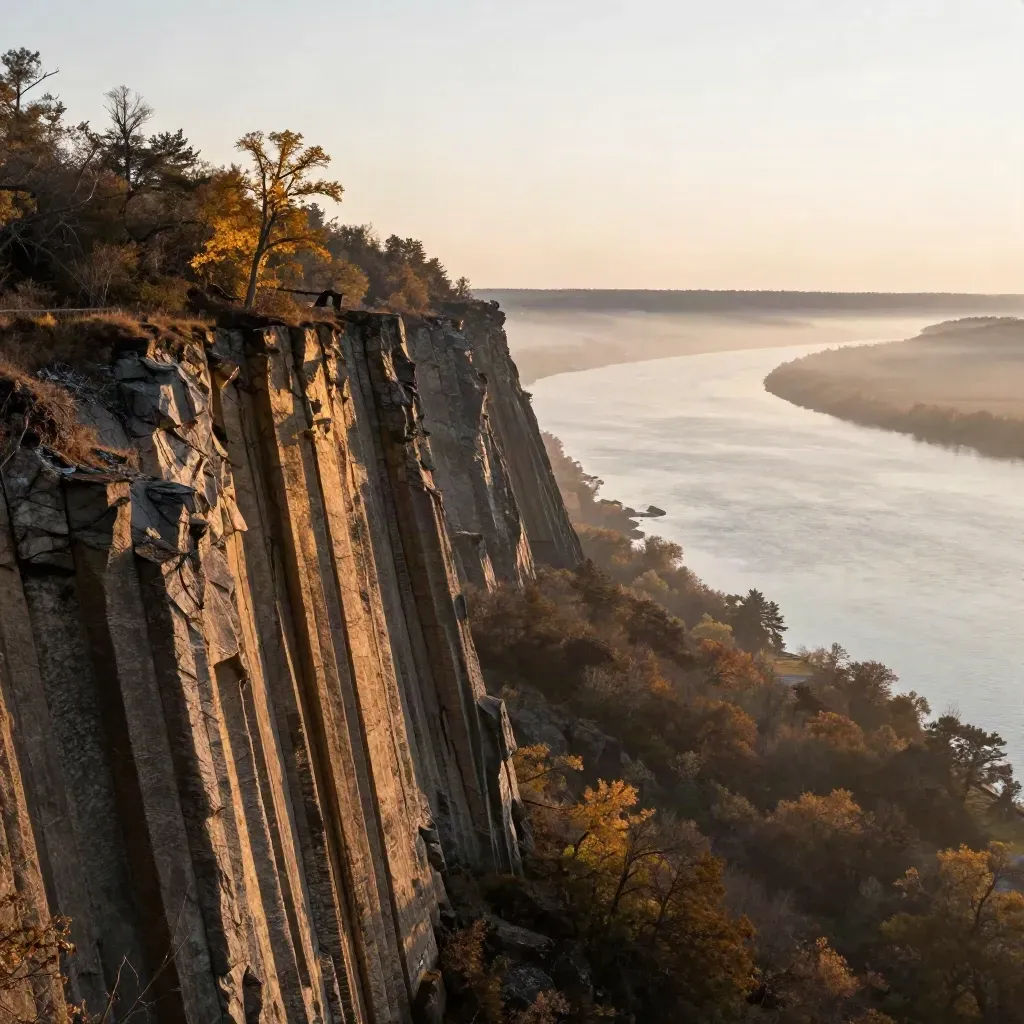 Palisades cliffs above the North Jersey river valley in warm sunset haze and silver mist.