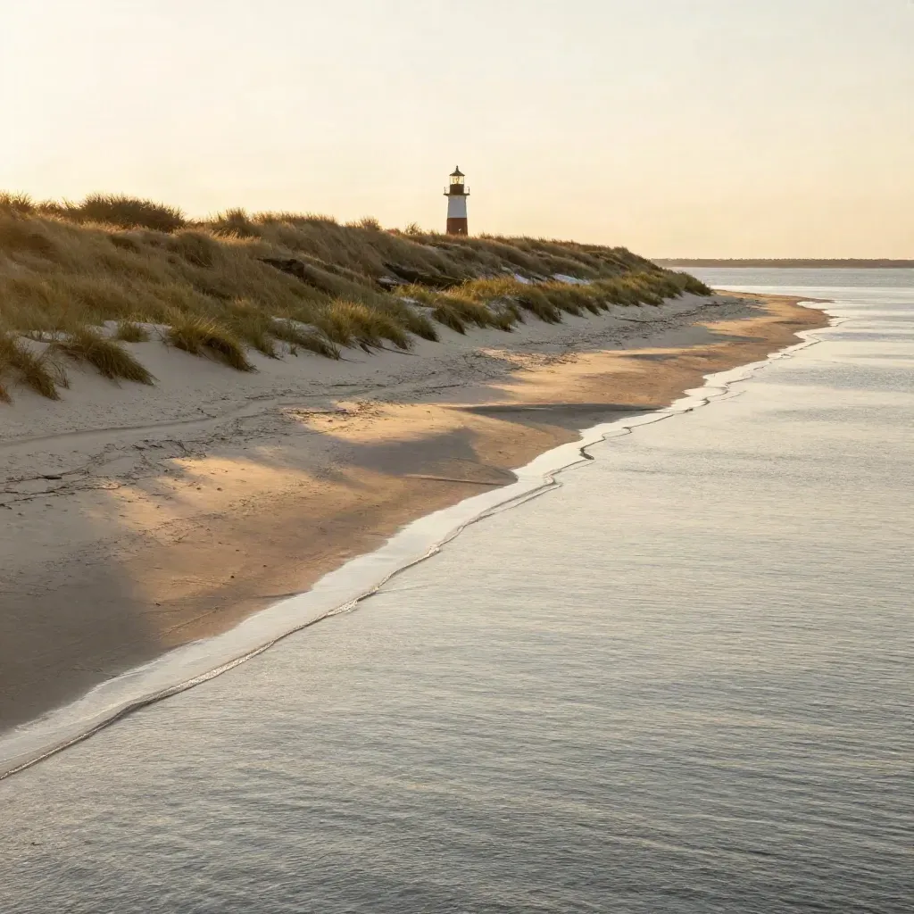 Golden Long Island dunes, inlet water, and a distant lighthouse above calm copy space.