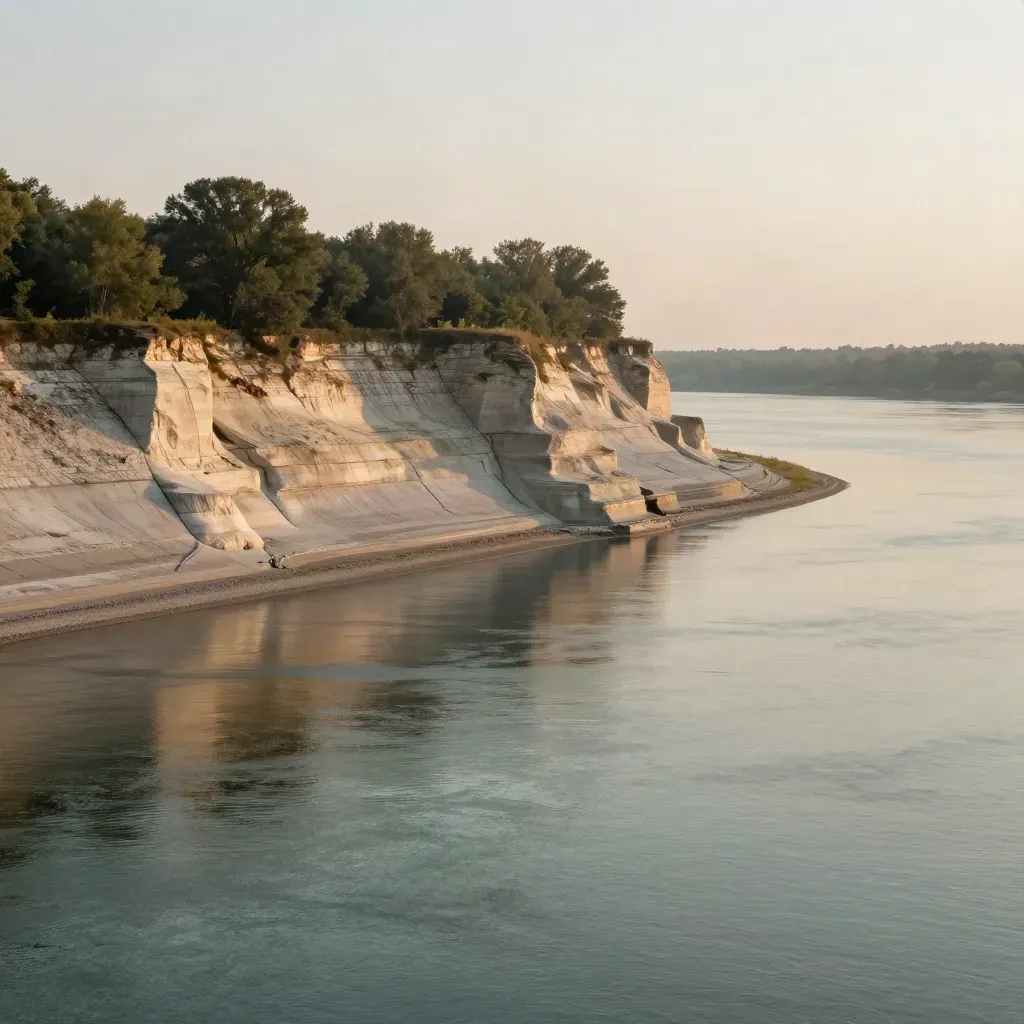Hudson River overlook with pale stone escarpment, hazy tree line, and calm water under warm evening light.