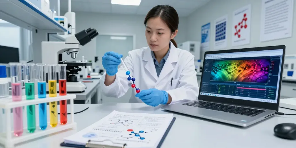 Researcher studying survo peptide in modern health science lab with test tubes and data analysis.