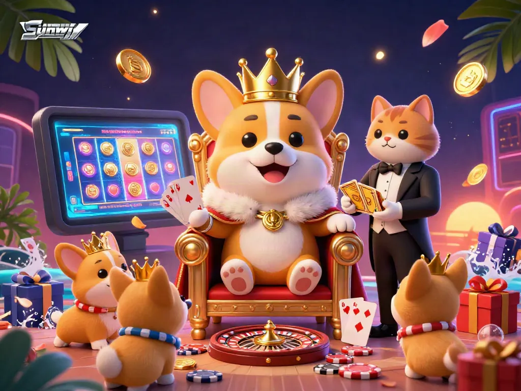 Engage with SUNWIN's vibrant gambling world featuring a majestic royal corgi and dynamic game elements.