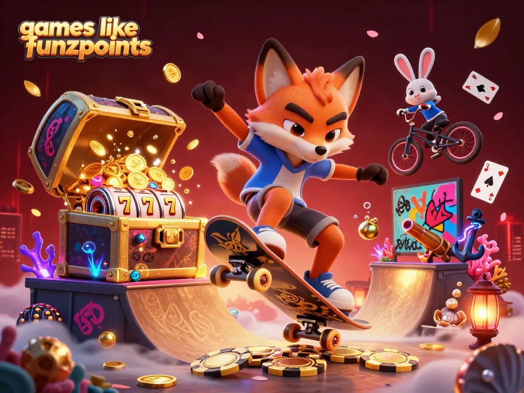 Spin and win with games like funzpoints in this vibrant casino-themed illustration.
