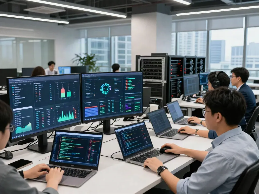 AI Token Economy management team analyzing power metrics and token usage in a high-tech control room