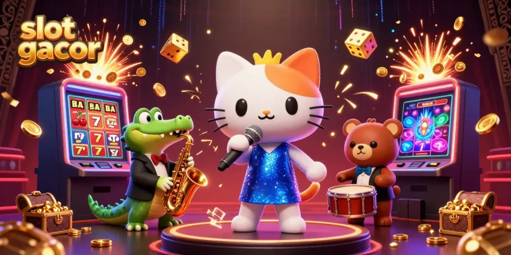 Experience thrilling slot gacor games with lively characters on a vibrant casino stage.