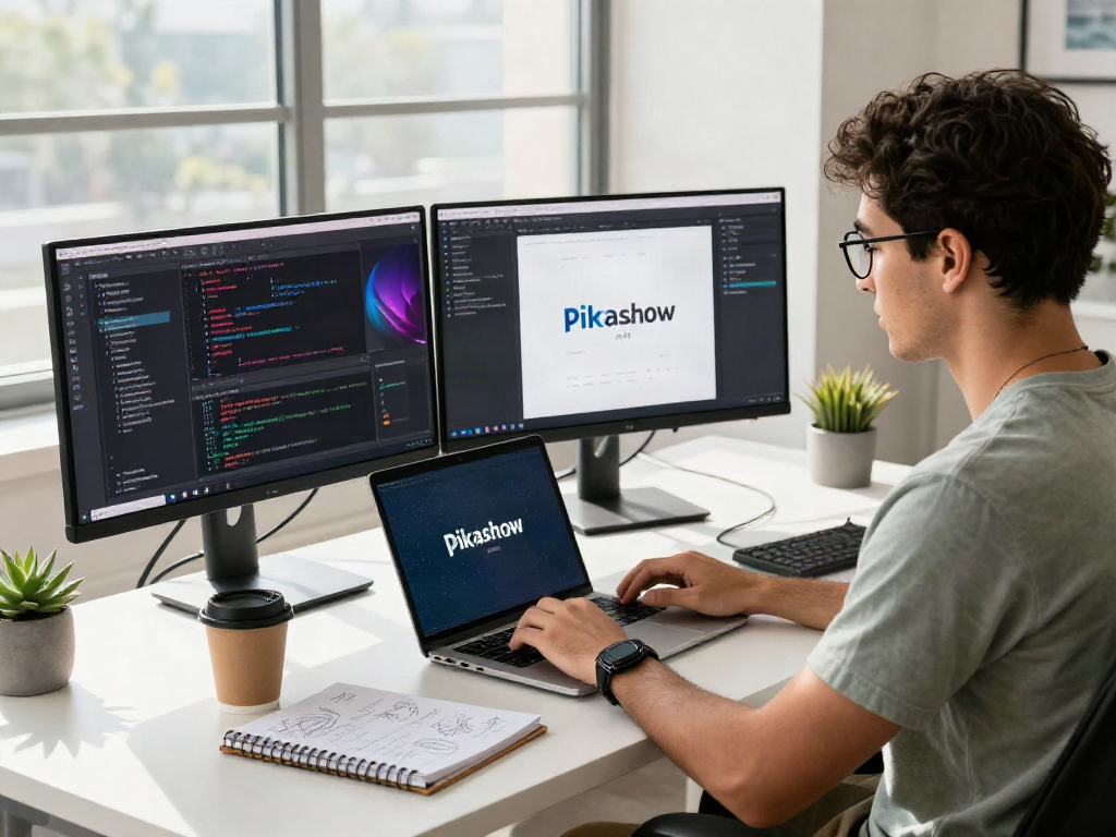Pikashow app interface showcased on developer's laptop in a bright tech workspace.