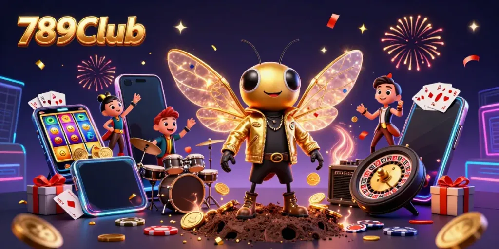 Experience the excitement at 789Club with a vibrant rock star scene showcasing animated characters amidst casino elements.