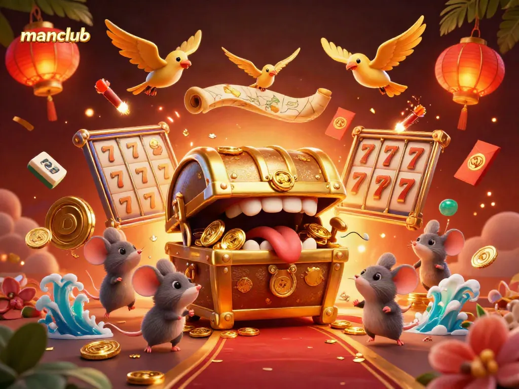 Engage in the thrilling world of manclub, showcasing a vibrant casino scene filled with lucky treasures and golden game elements.
