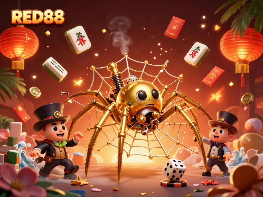 Experience the thrill of RED88 with our engaging 3D illustration featuring a steampunk spider and lively gaming elements.