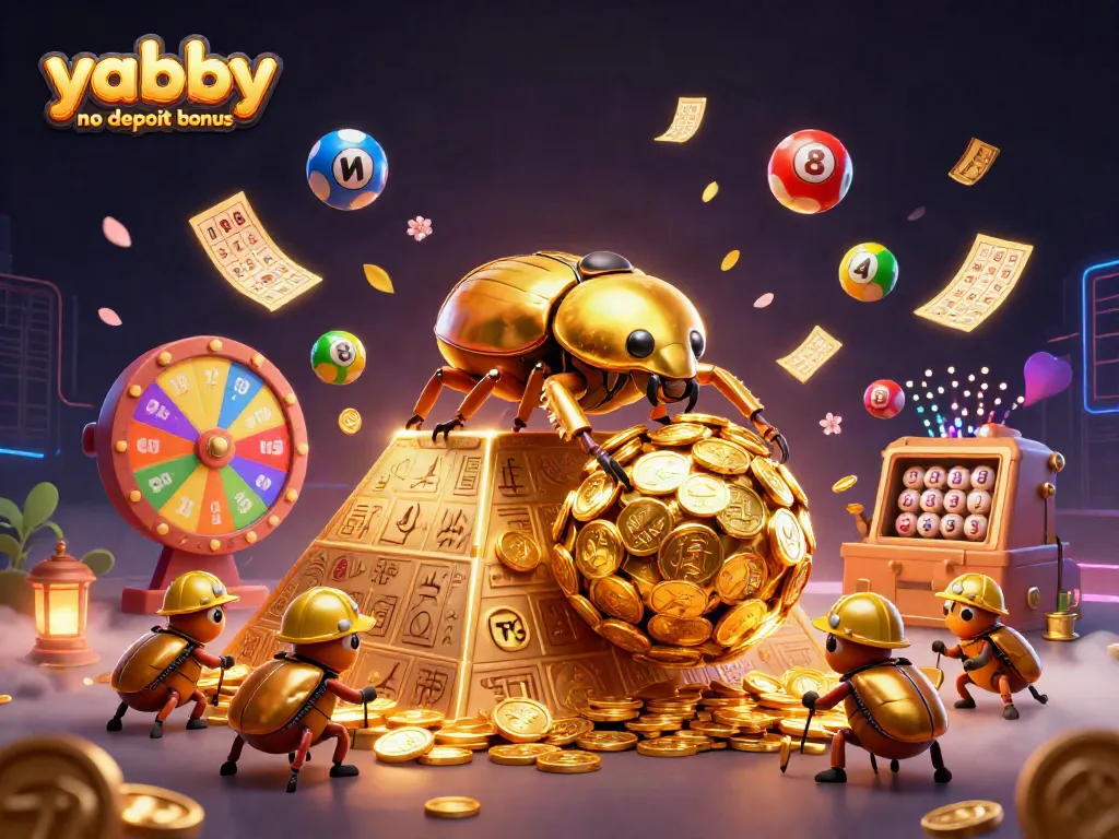 Yabby no deposit bonus excitement with colorful lottery elements and golden treasures.