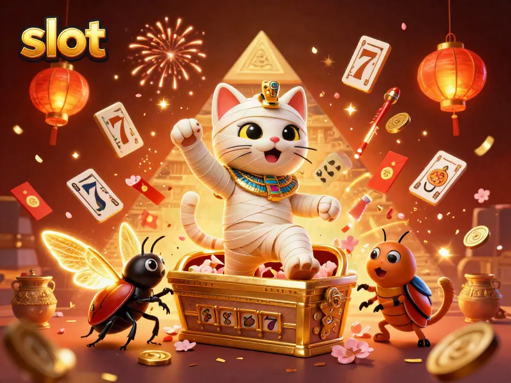 Experience thrilling slot action with a cartoon mummy cat and dynamic casino elements.