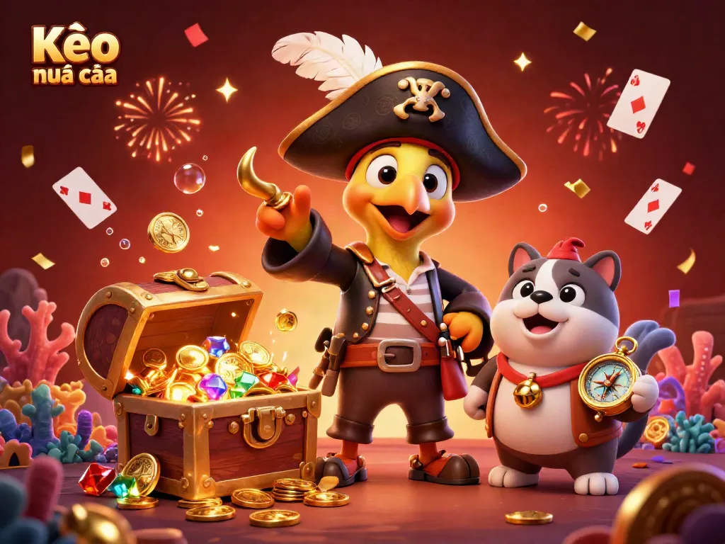 Engage with Kèo nhà cái in an ultra-detailed vibrant scene featuring a gambling pirate, bulldog, and cat among treasure and playing cards.