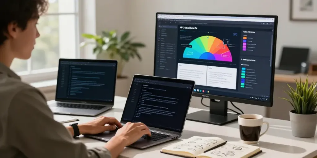 AI copywriting assistant in a professional workspace, showcasing trends and analytics.