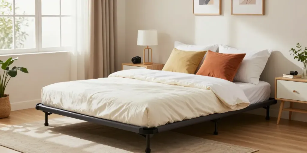 Portable bed in a cozy bedroom setup, showcasing comfort and style for guests.