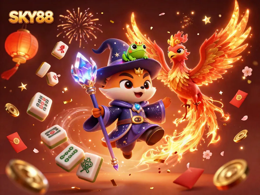 Engage in thrilling slots at SKY88, featuring vibrant jackpots, cheerful gold confetti, and magical characters.