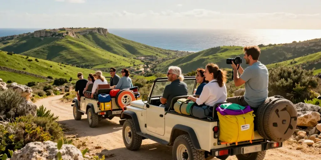 Group enjoying a Gozo Jeep tour through stunning landscapes with vibrant hills and the Mediterranean Sea as a backdrop.
