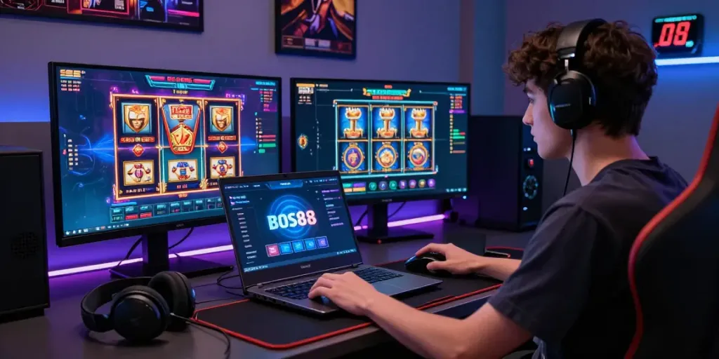 BOS88 gaming platform user interacting with vibrant slot games and real-time updates in an energetic gaming setup.