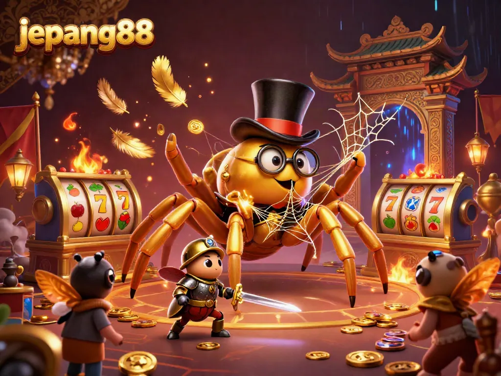 Join the excitement with Jepang88 as a golden tarantula and beetle knight face off in a vibrant casino setting.
